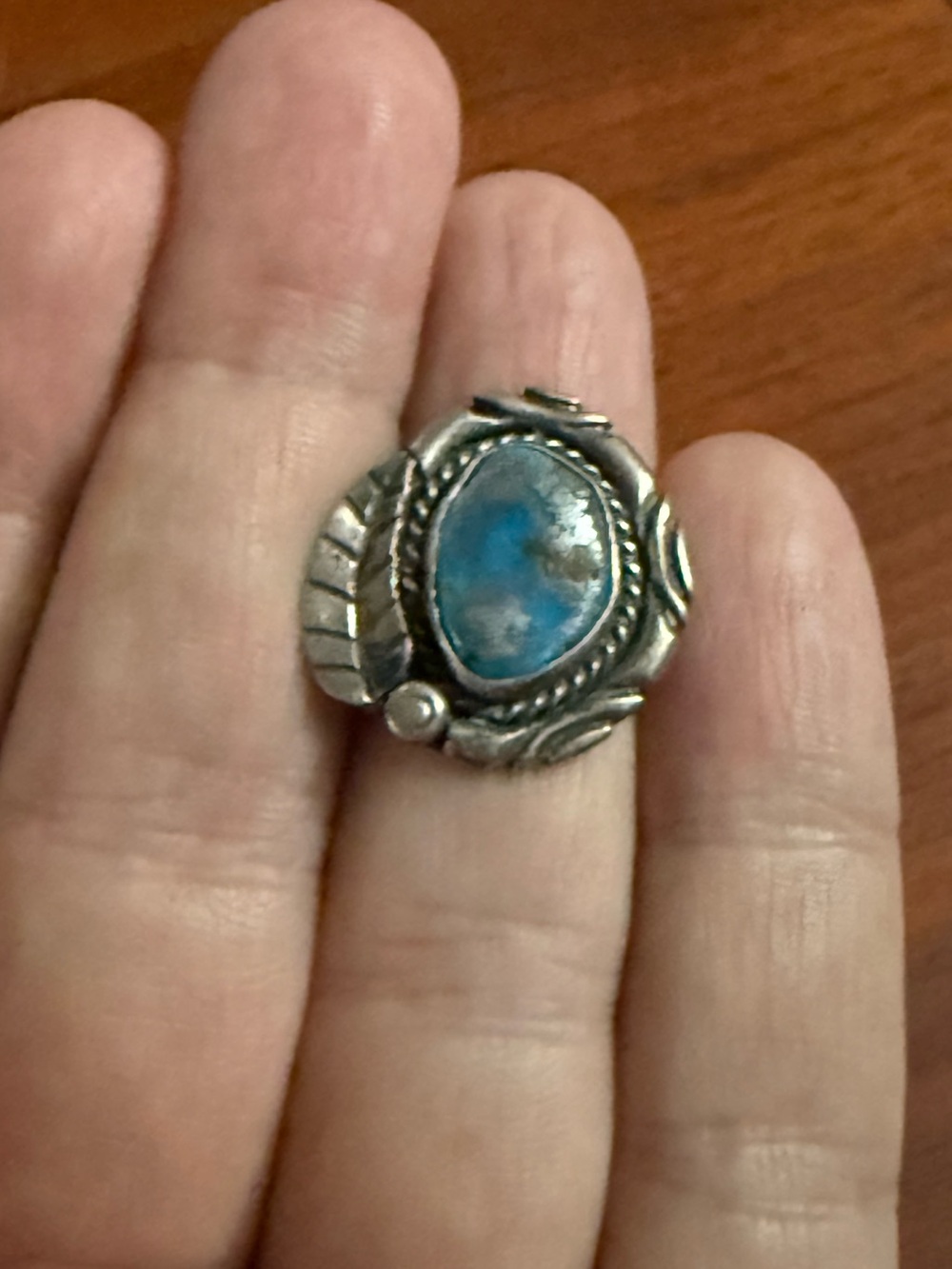 Navajo Turquoise Silver Ring Size 5 Feather Leaf Design